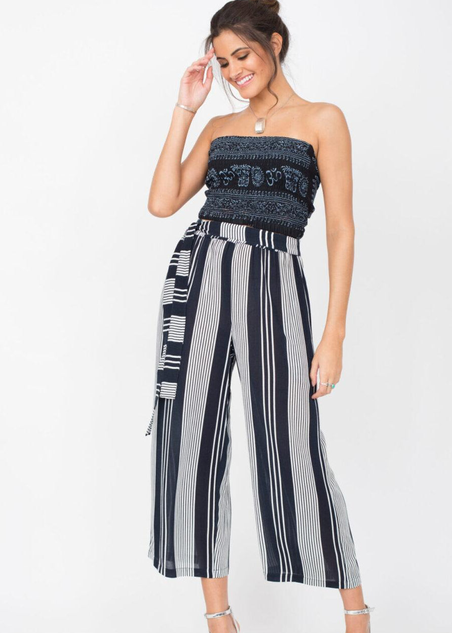 Culotte Crop Summer Trousers Crinkle Stripes - likemary