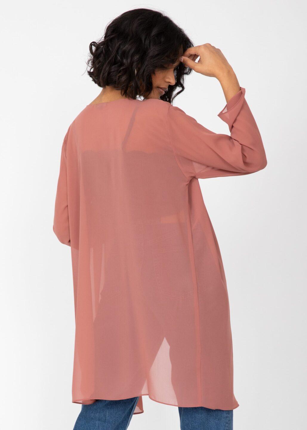 Elegant Longline Sheer Sleeves Cardigan in Rose Pink - likemary