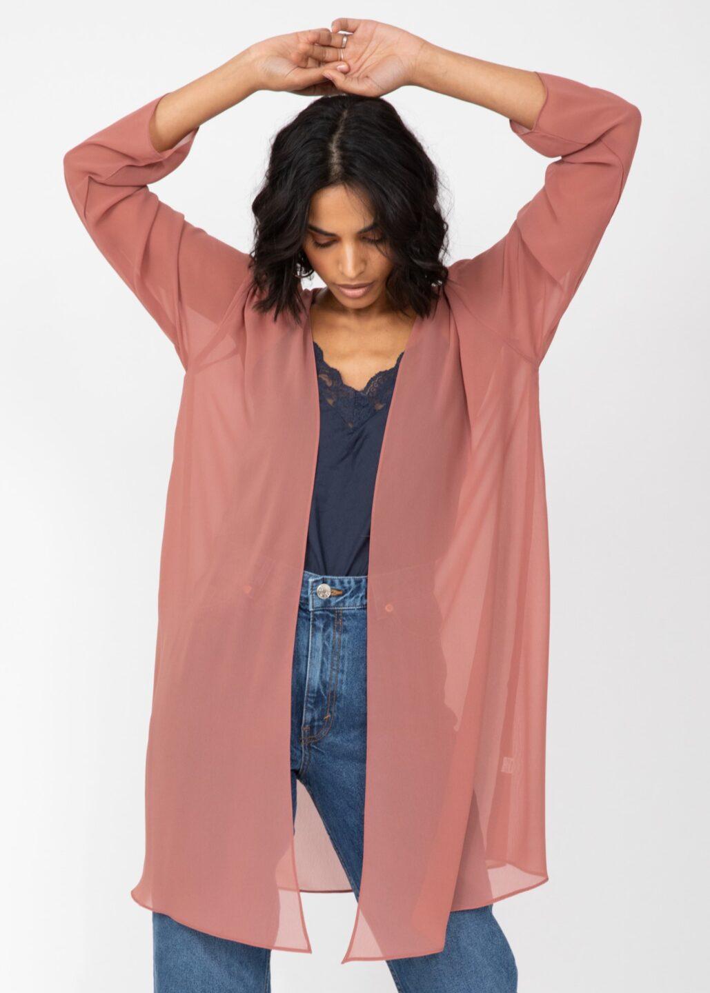 Elegant Longline Sheer Sleeves Cardigan in Rose Pink - likemary