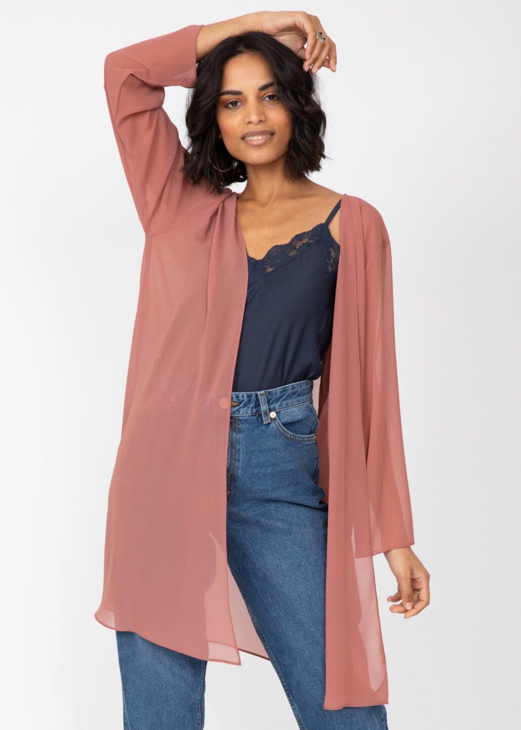 Elegant Longline Sheer Sleeves Cardigan in Rose Pink - likemary