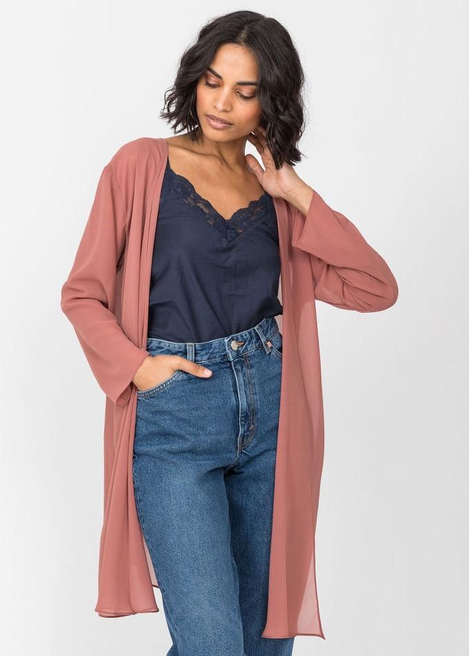 Elegant Longline Sheer Sleeves Cardigan in Rose Pink - likemary