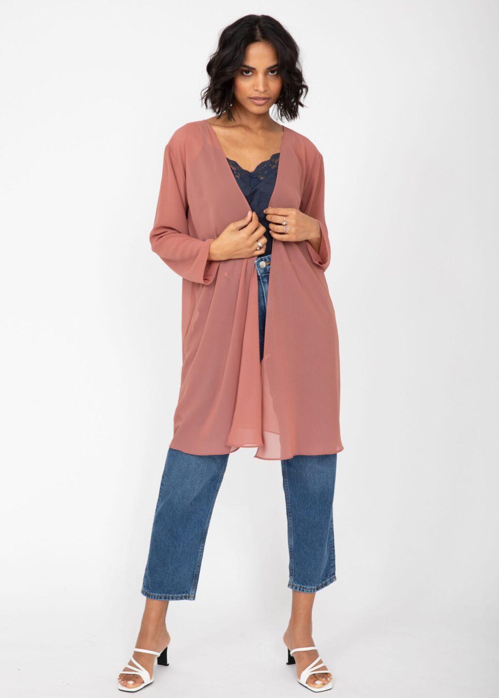 Elegant Longline Sheer Sleeves Cardigan in Rose Pink - likemary