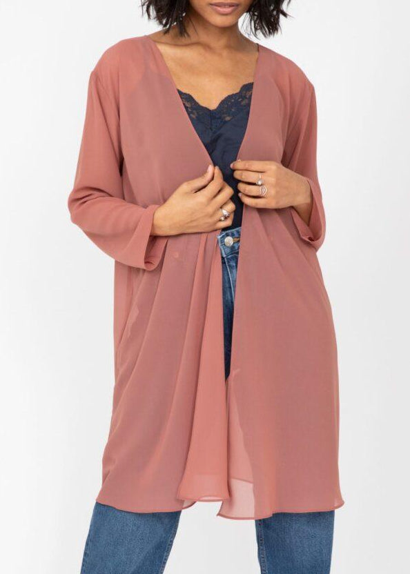 Elegant Longline Sheer Sleeves Cardigan in Rose Pink - likemary