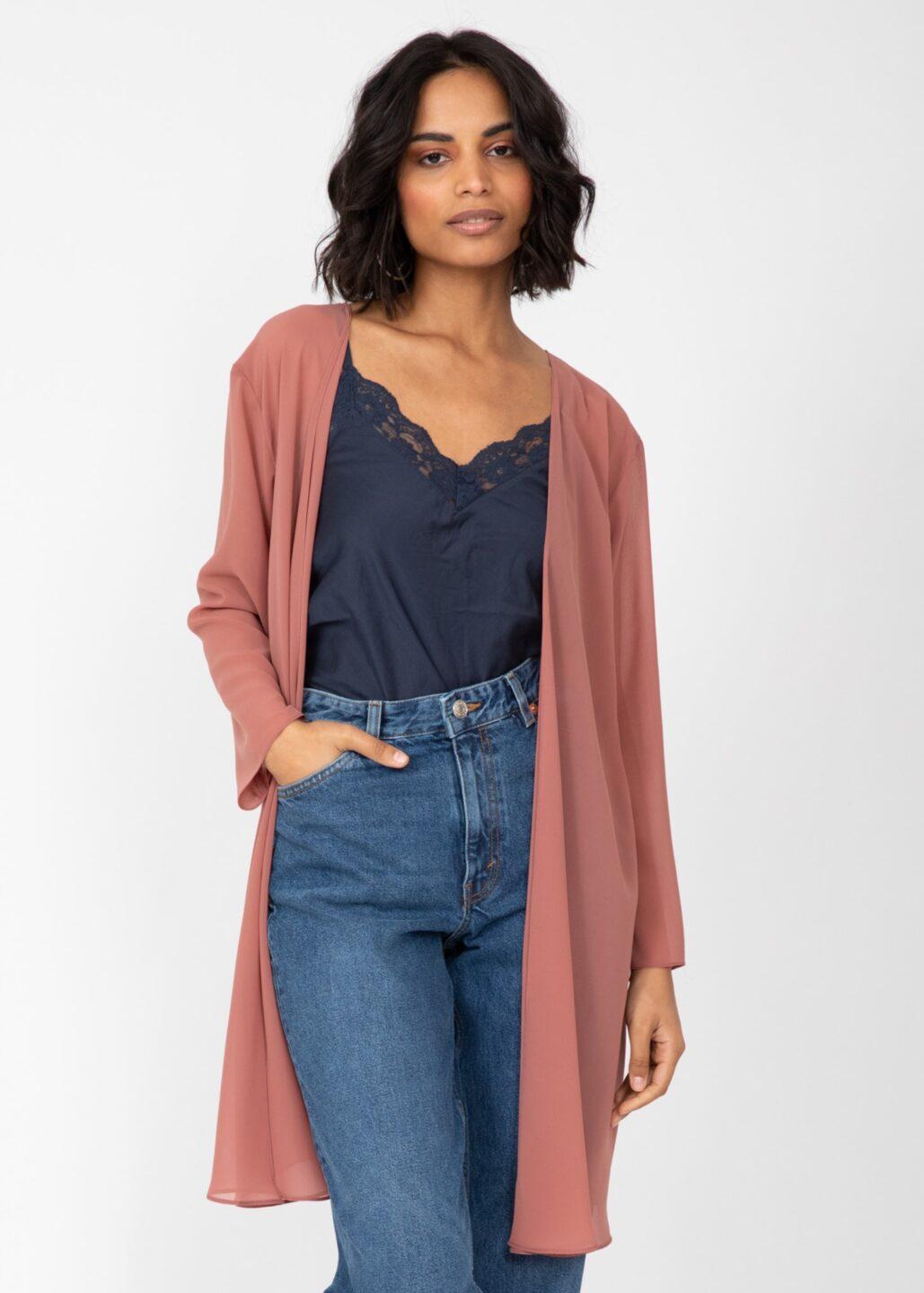 Elegant Longline Sheer Sleeves Cardigan in Rose Pink - likemary