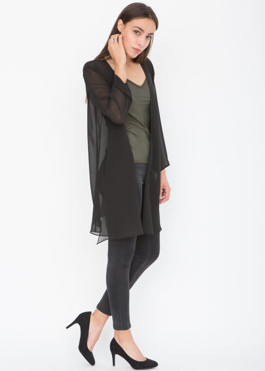 Elegant Sheer Longline Cardigan Black - likemary