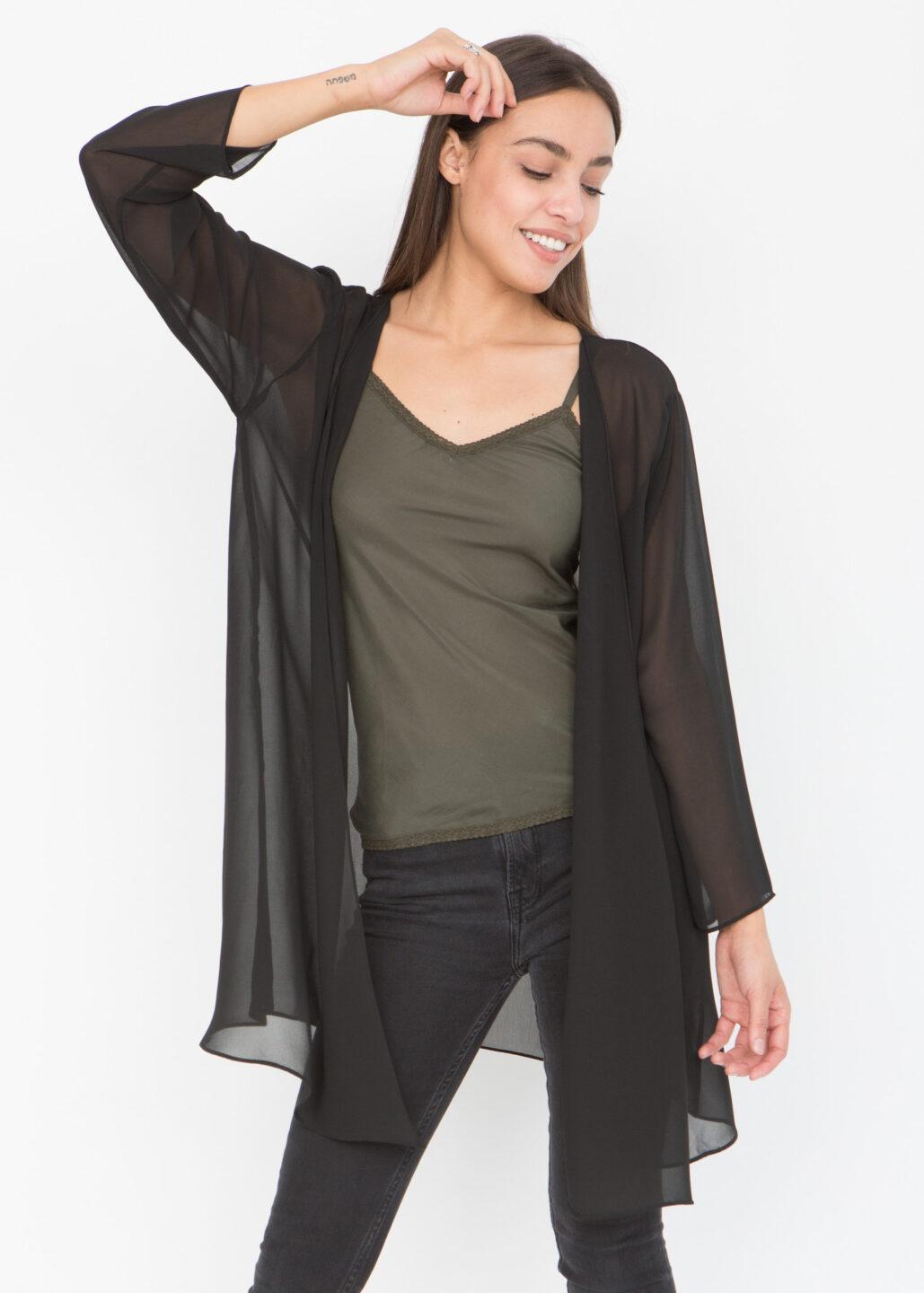 Elegant Sheer Longline Cardigan Black - likemary