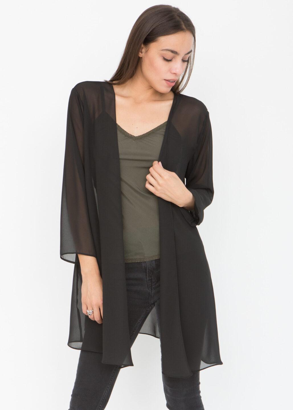 Elegant Sheer Longline Cardigan Black - likemary