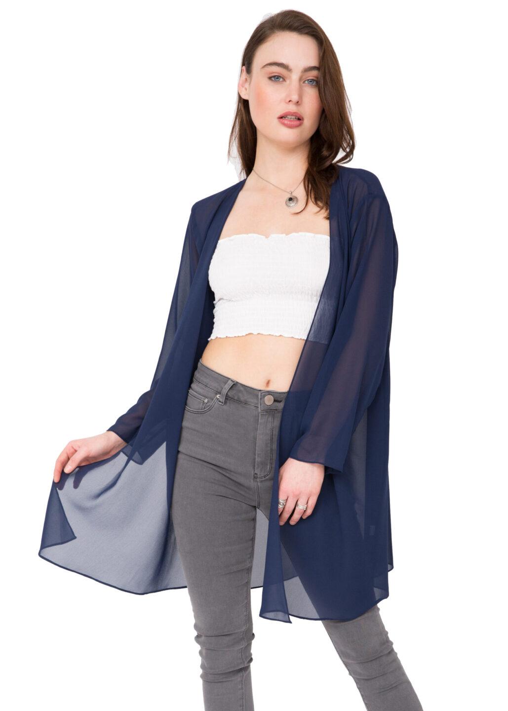 Elegant Sheer Longline Cardigan Blue - likemary
