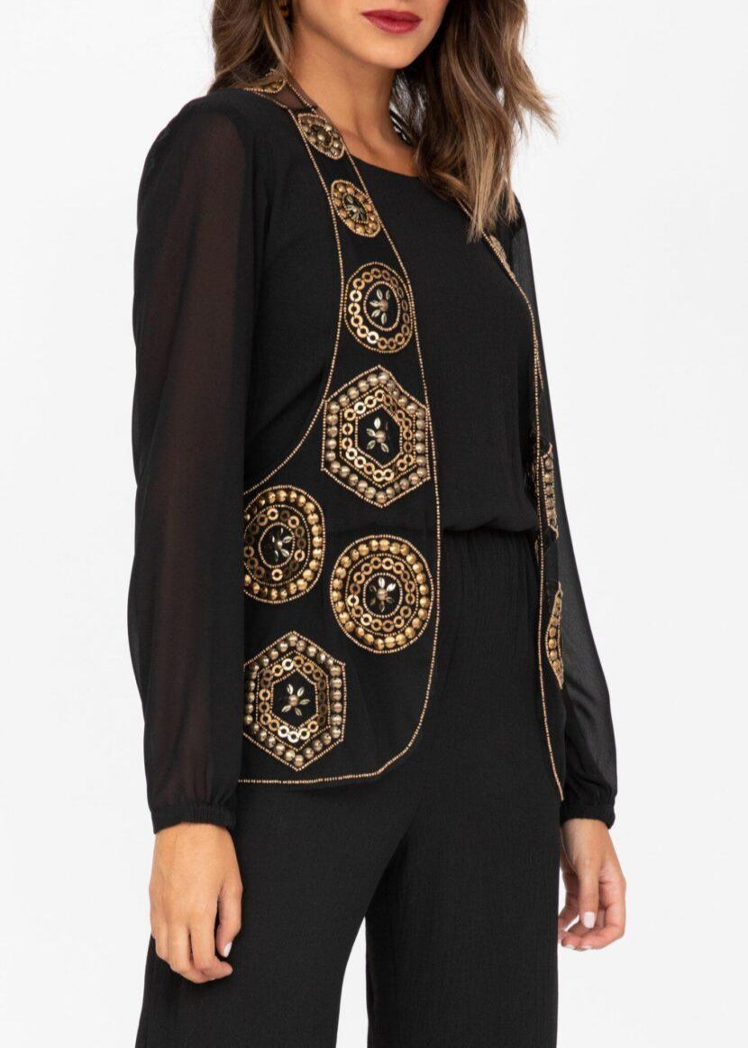 Embellished Waistcoat In Black And Gold - likemary