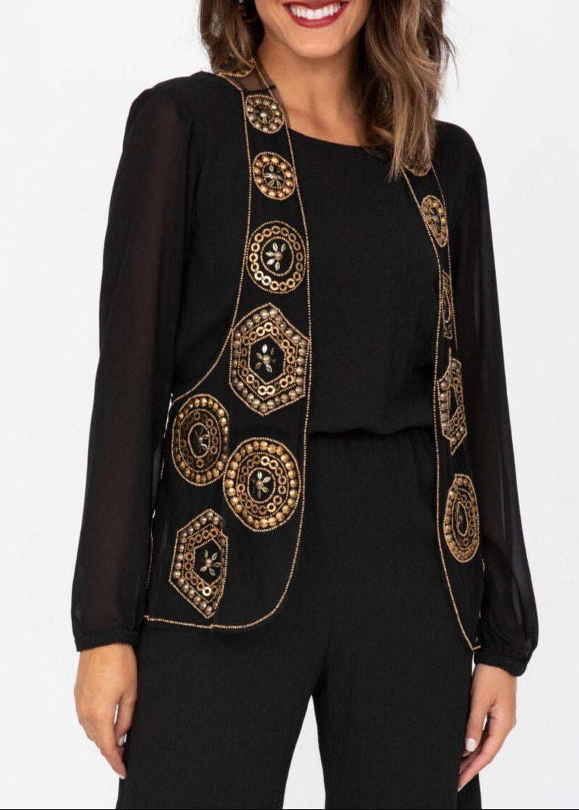 Embellished Waistcoat In Black And Gold - likemary