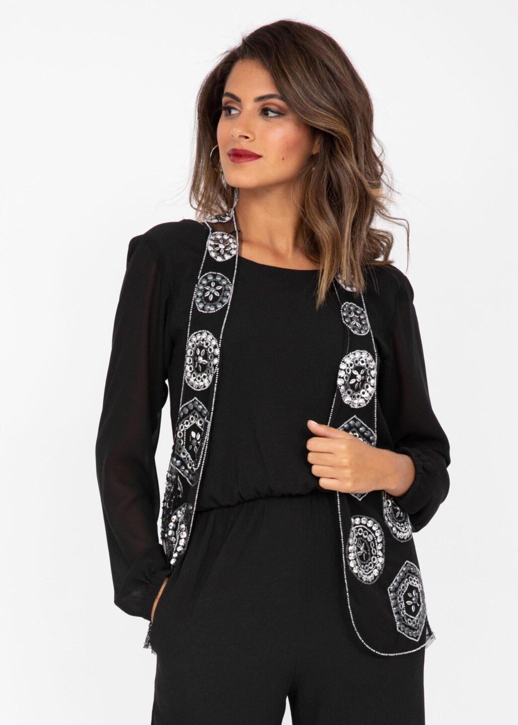 Embellished Waistcoat In Black And Silver - likemary
