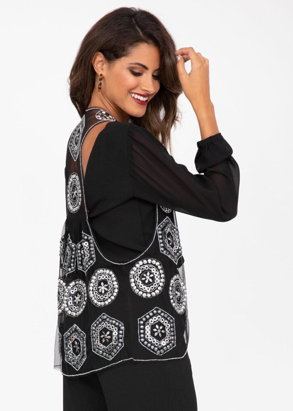 Embellished Waistcoat In Black And Silver - likemary