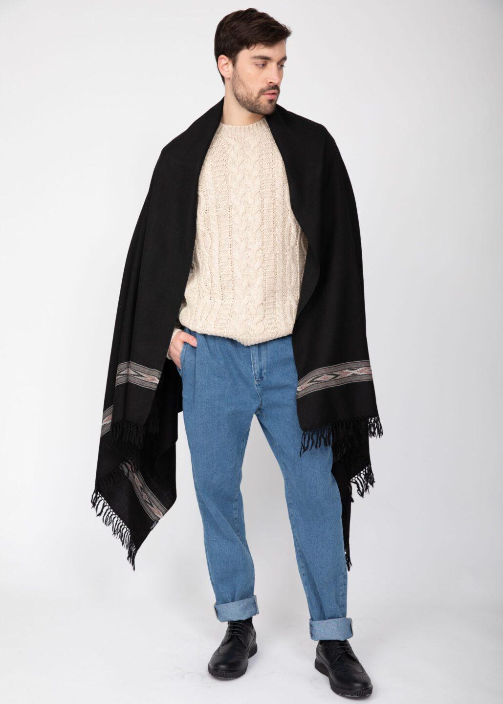 Ethically Handwoven Men's Merino Wool Blanket Scarf in Black Takhi - likemary