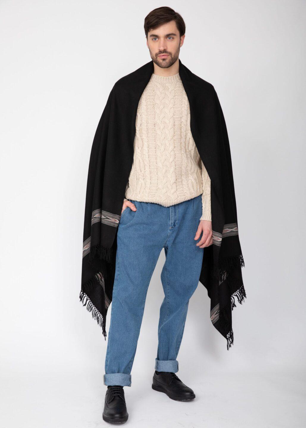 Ethically Handwoven Men's Merino Wool Blanket Scarf in Black Takhi - likemary