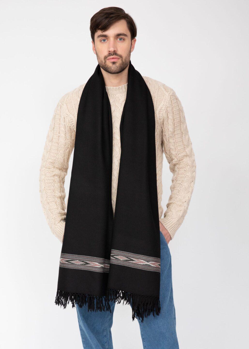 Ethically Handwoven Men's Merino Wool Blanket Scarf in Black Takhi - likemary