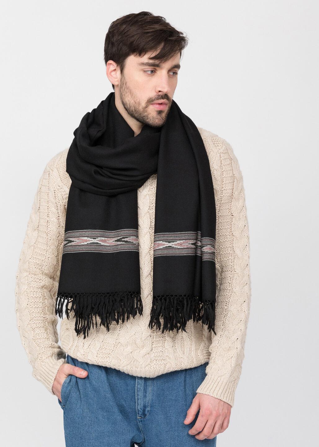 Ethically Handwoven Men's Merino Wool Blanket Scarf in Black Takhi - likemary