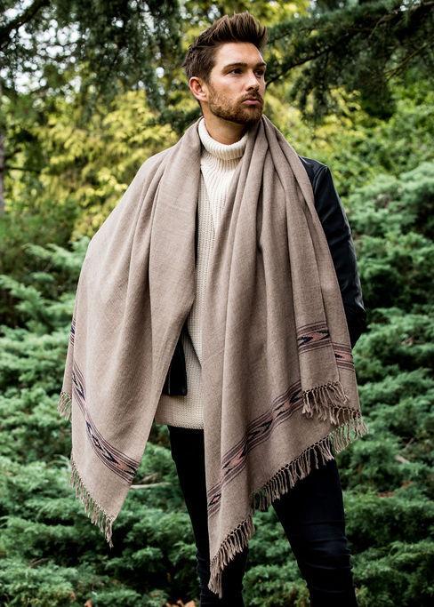 Ethically Handwoven Men's Merino Wool Blanket Scarf in Brown Takhi - likemary