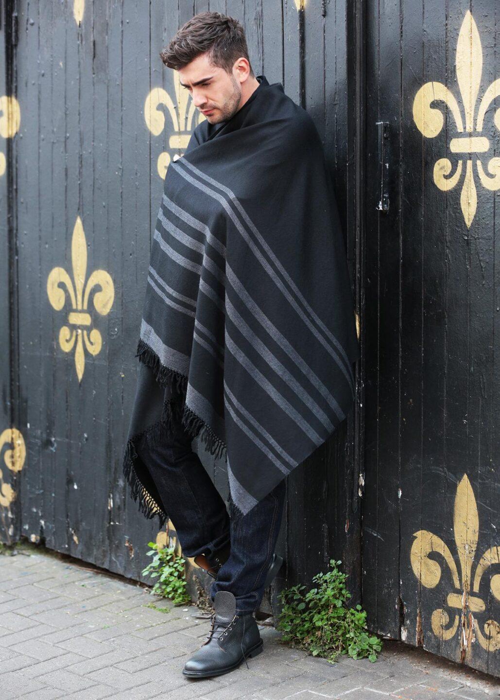 Ethically Handwoven Men's Merino Wool Blanket Shawl in Black with Stripes - likemary