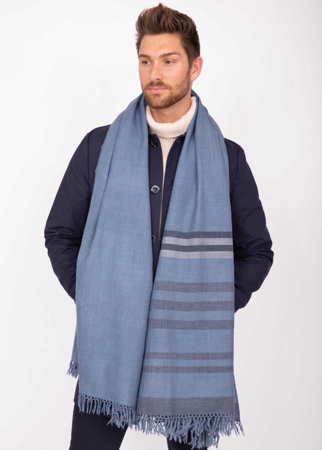 Ethically Handwoven Men's Merino Wool Blanket Shawl in Jeans Blue with Stripes - likemary