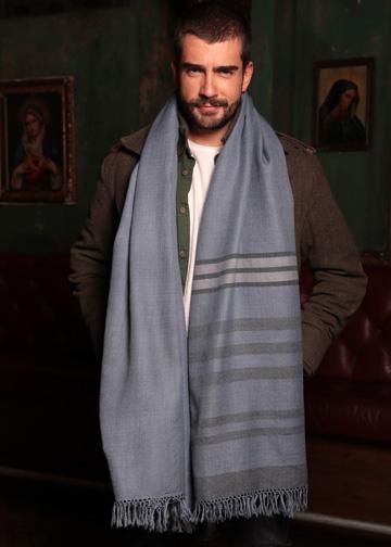 Ethically Handwoven Men's Merino Wool Blanket Shawl in Jeans Blue with Stripes - likemary