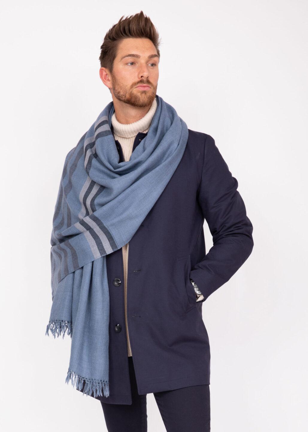 Ethically Handwoven Men's Merino Wool Blanket Shawl in Jeans Blue with Stripes - likemary