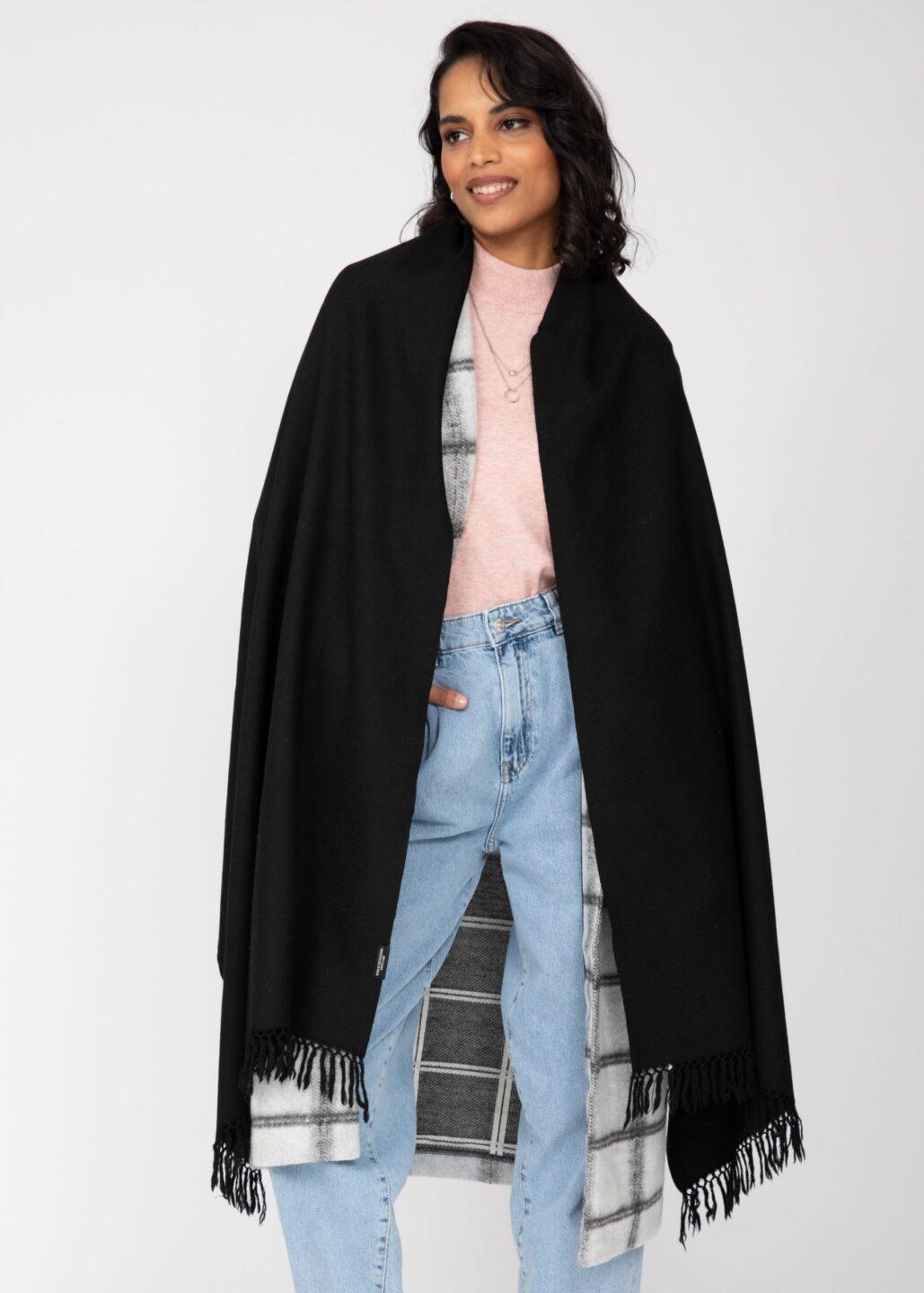 Ethically Handwoven Merino Wool Blanket Scarf in Black - likemary