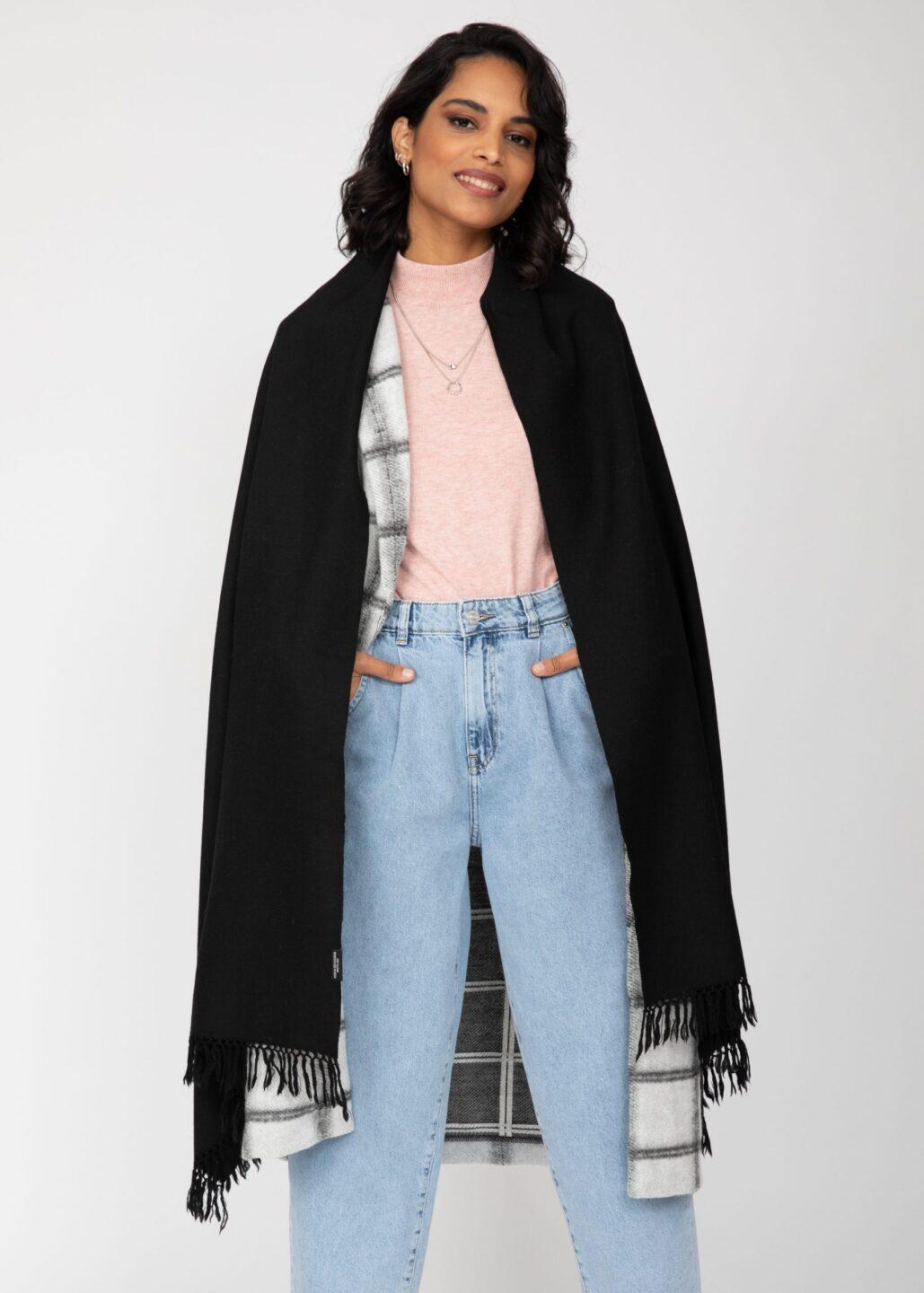 Ethically Handwoven Merino Wool Blanket Scarf in Black - likemary