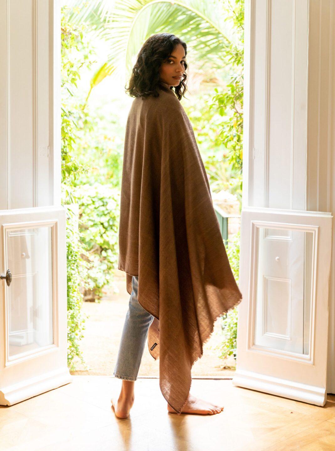 Ethically Handwoven Merino Wool Blanket Scarf in Brown Twill Mix - likemary