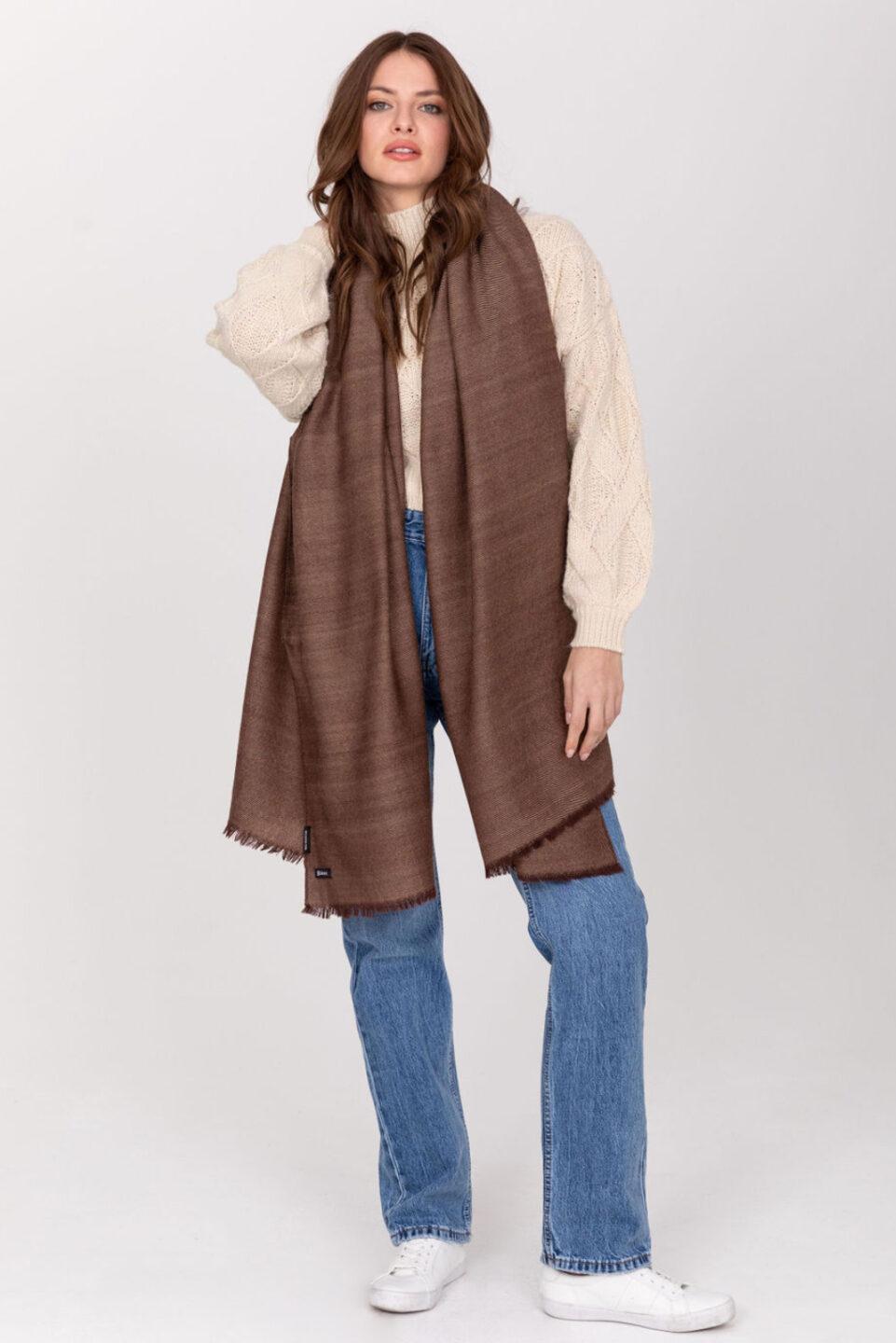 Ethically Handwoven Merino Wool Blanket Scarf in Brown Twill Mix - likemary