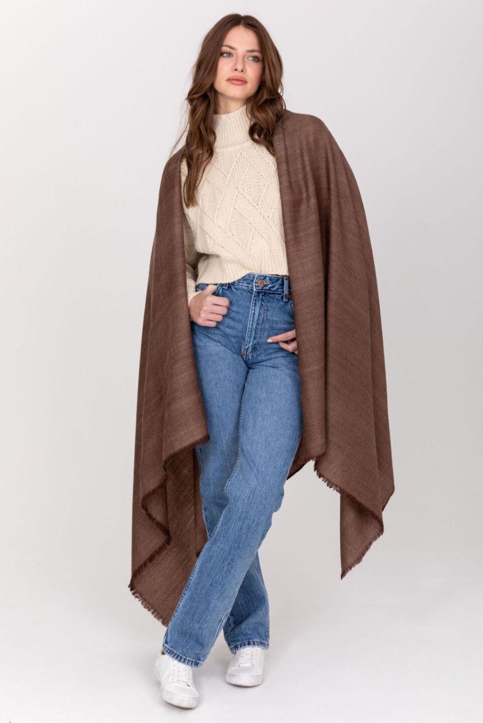 Ethically Handwoven Merino Wool Blanket Scarf in Brown Twill Mix - likemary