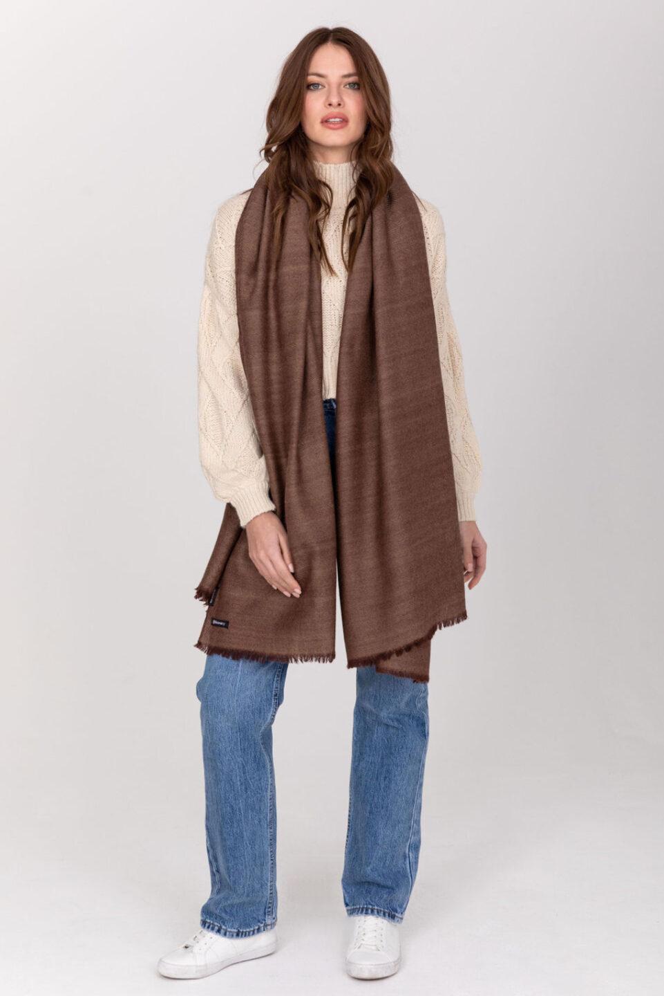 Ethically Handwoven Merino Wool Blanket Scarf in Brown Twill Mix - likemary