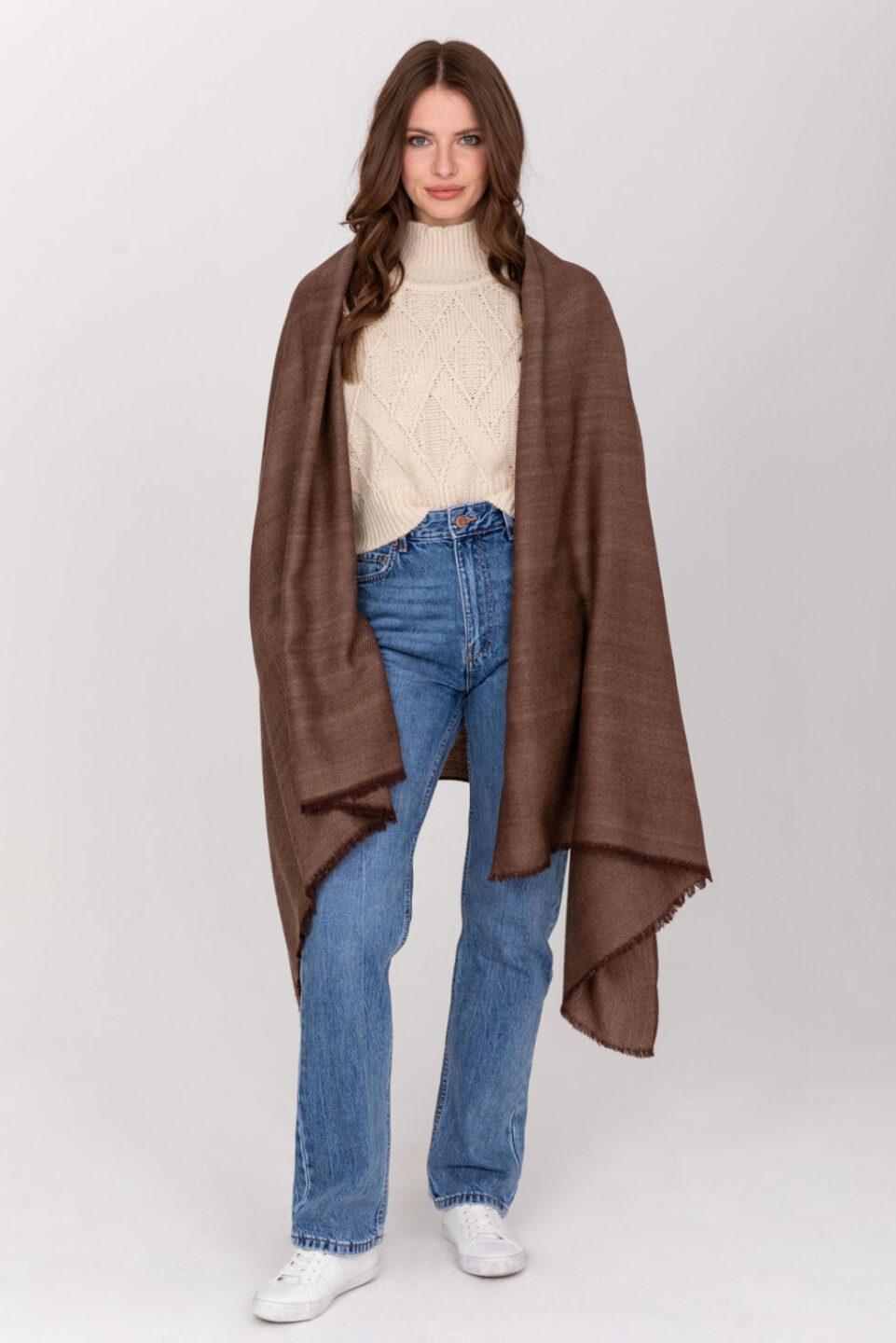 Ethically Handwoven Merino Wool Blanket Scarf in Brown Twill Mix - likemary