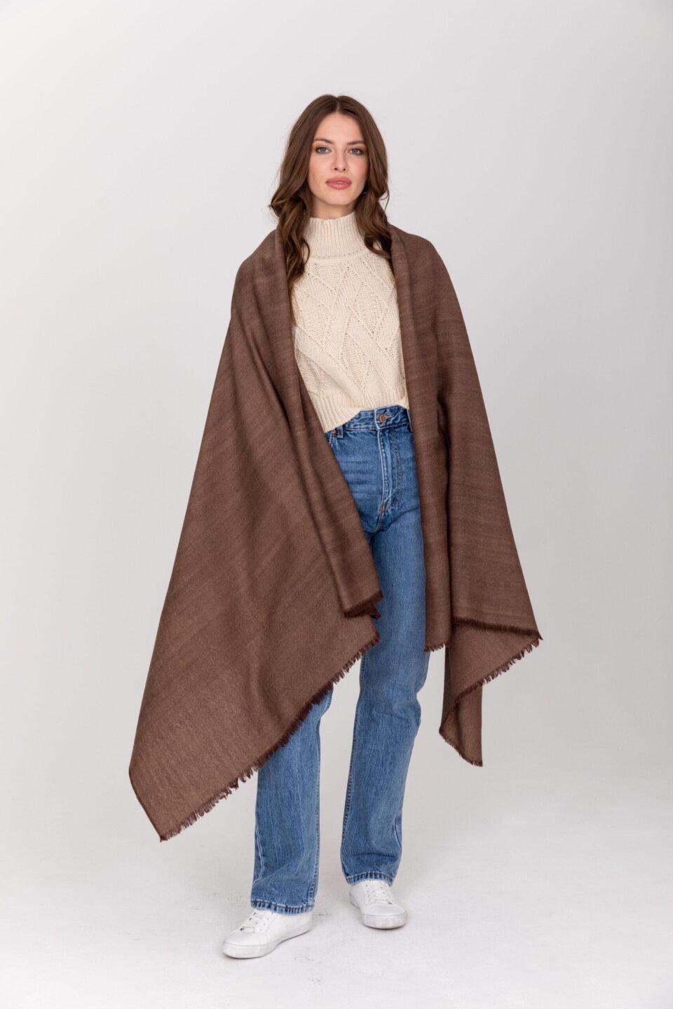 Ethically Handwoven Merino Wool Blanket Scarf in Brown Twill Mix - likemary