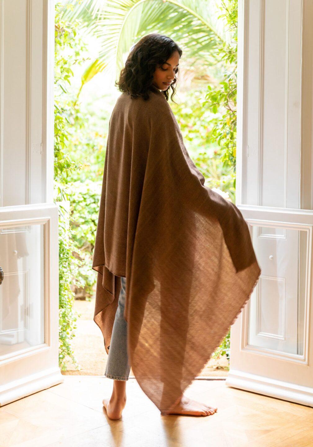 Ethically Handwoven Merino Wool Blanket Scarf in Brown Twill Mix - likemary