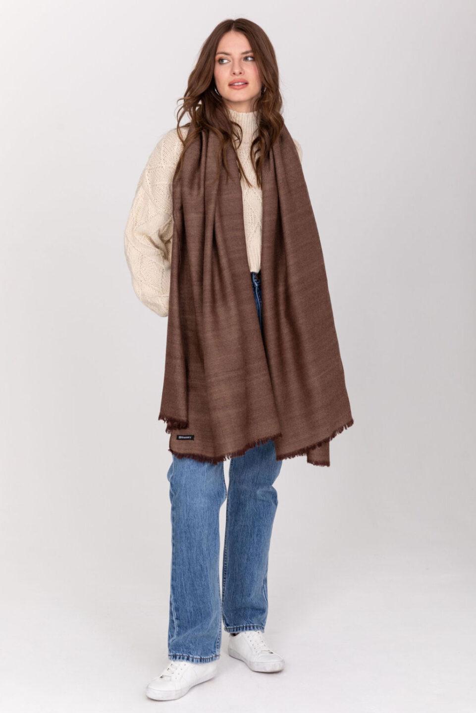 Ethically Handwoven Merino Wool Blanket Scarf in Brown Twill Mix - likemary