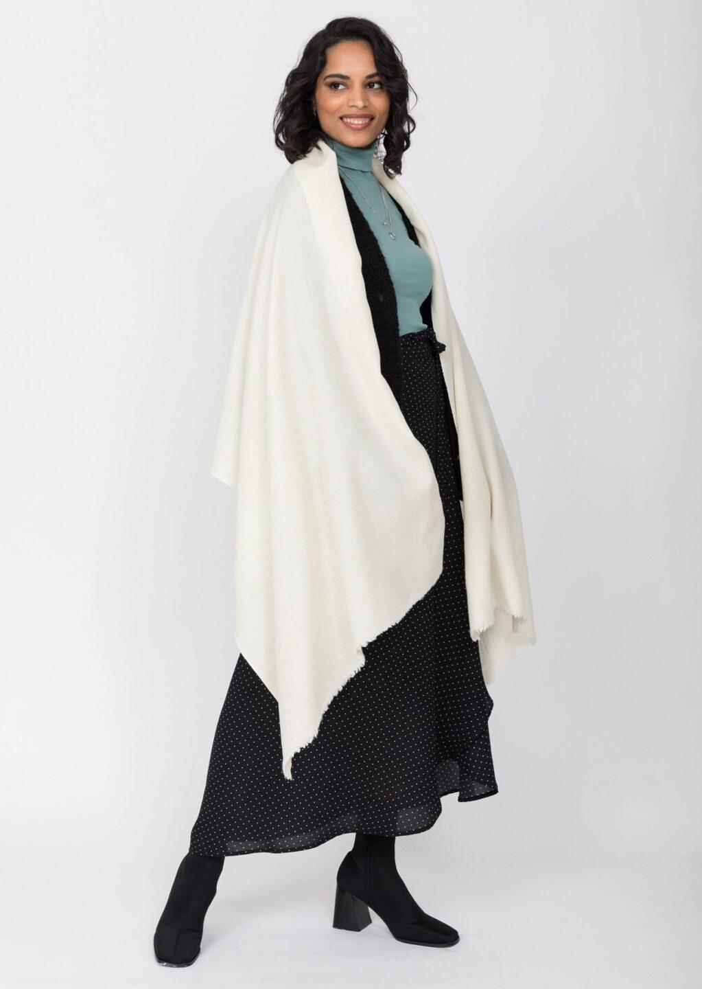 Ethically Handwoven Merino Wool Blanket Scarf in Cream - likemary