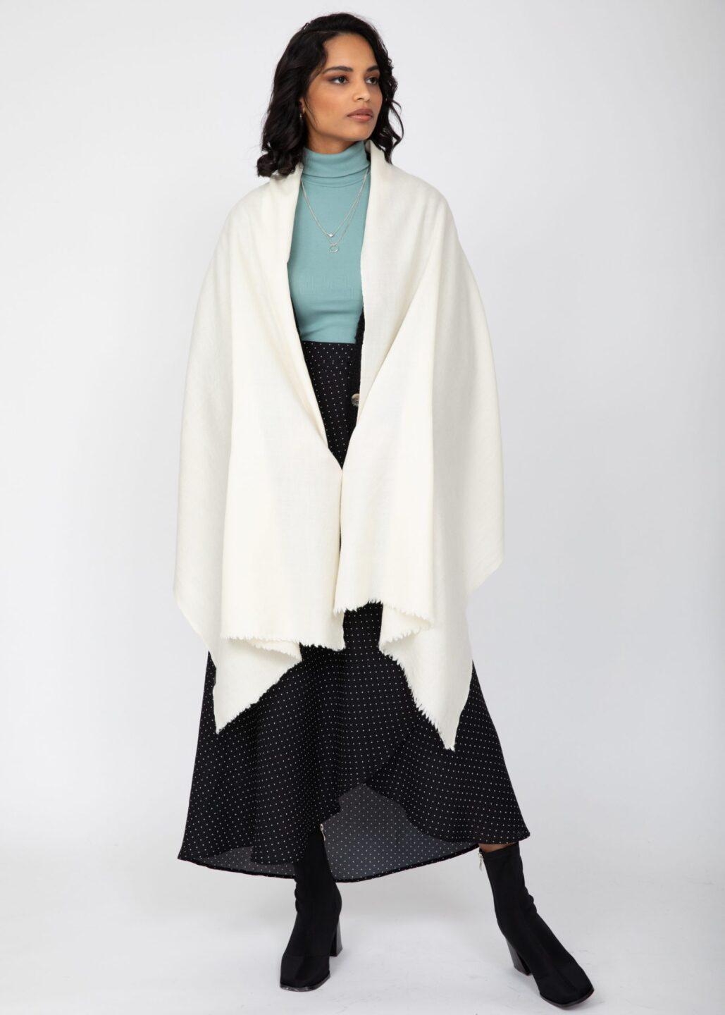 Ethically Handwoven Merino Wool Blanket Scarf in Cream - likemary