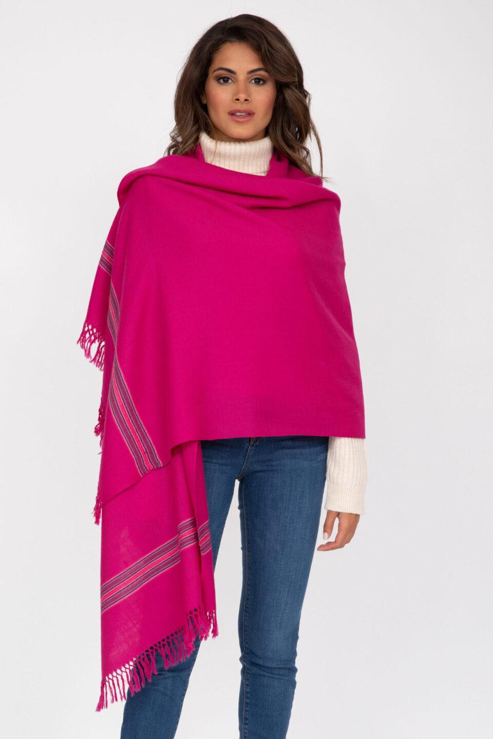 Ethically Handwoven Merino Wool Blanket Scarf in Fuchsia Pink Mansi - likemary