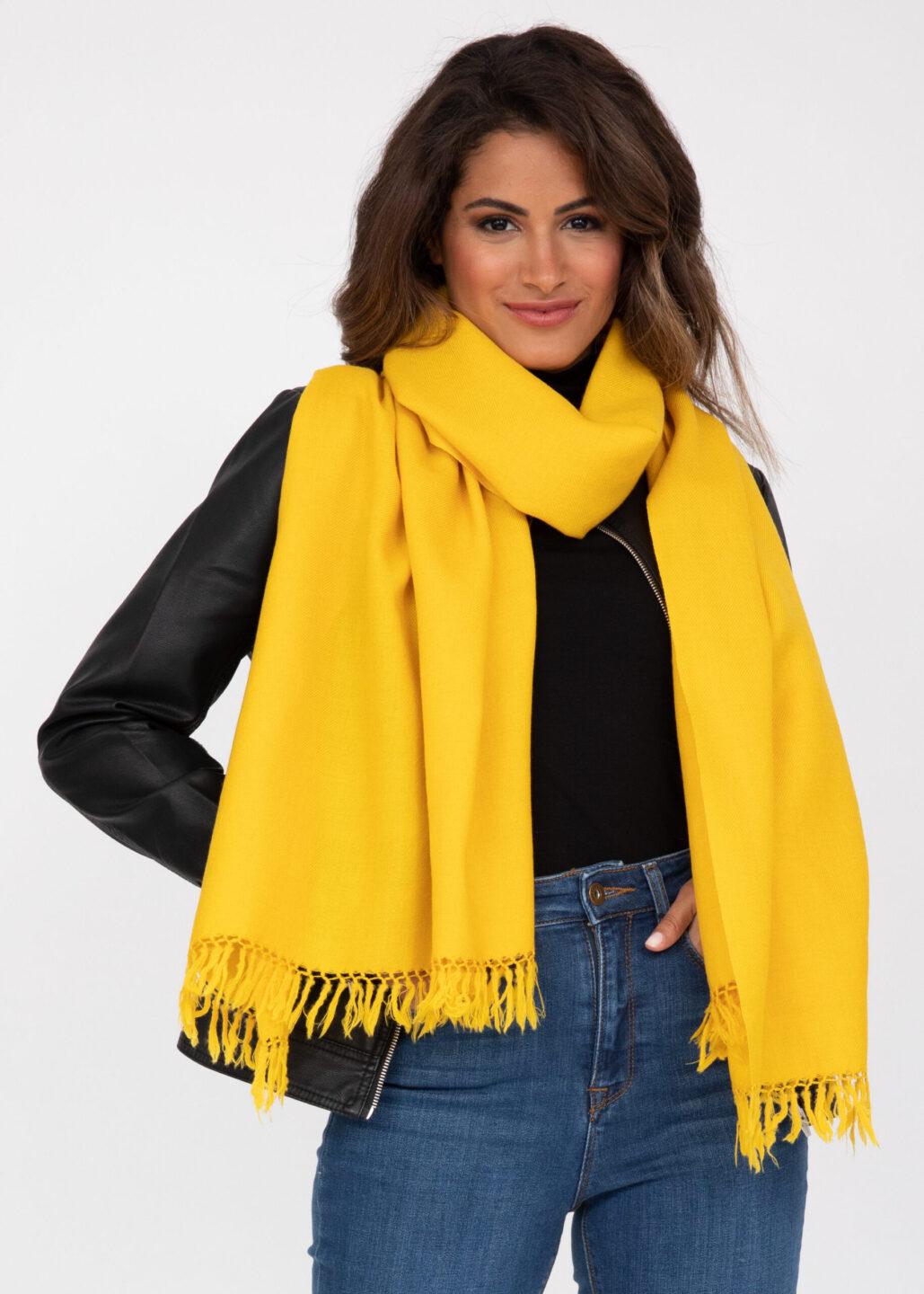 Ethically Handwoven Merino Wool Blanket Scarf in Inca Yellow - likemary