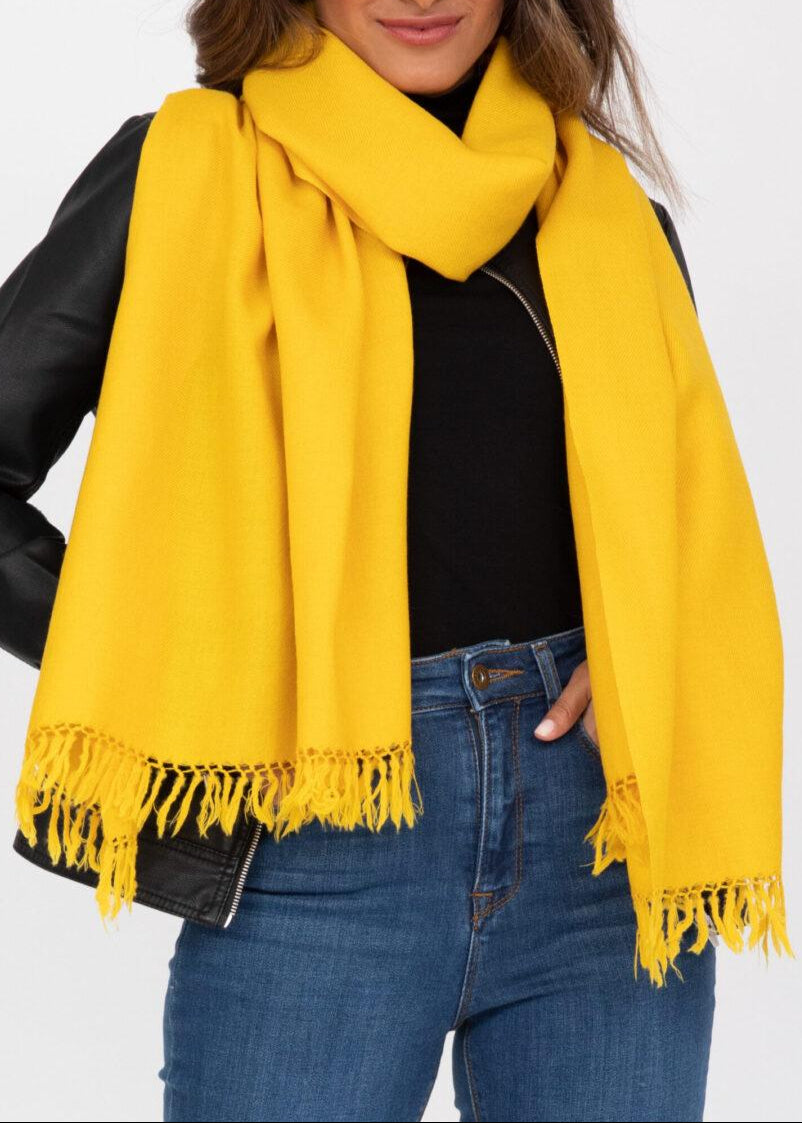 Ethically Handwoven Merino Wool Blanket Scarf in Inca Yellow - likemary