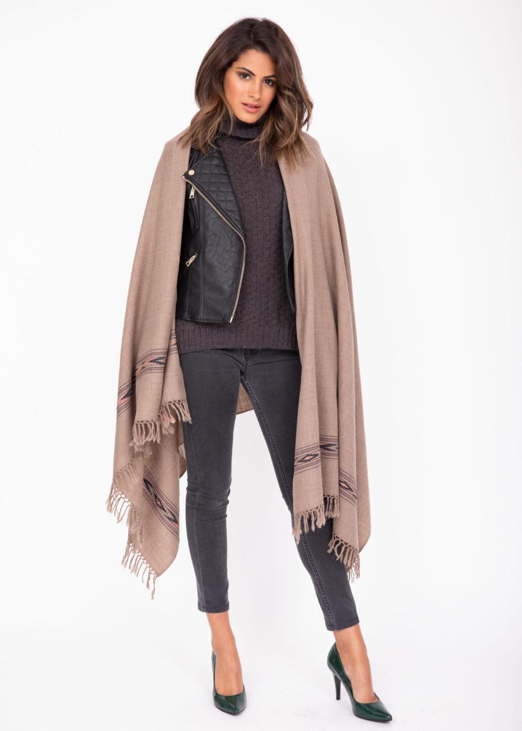 Ethically Handwoven Merino Wool Blanket Scarf in Mocha Brown Takhi - likemary