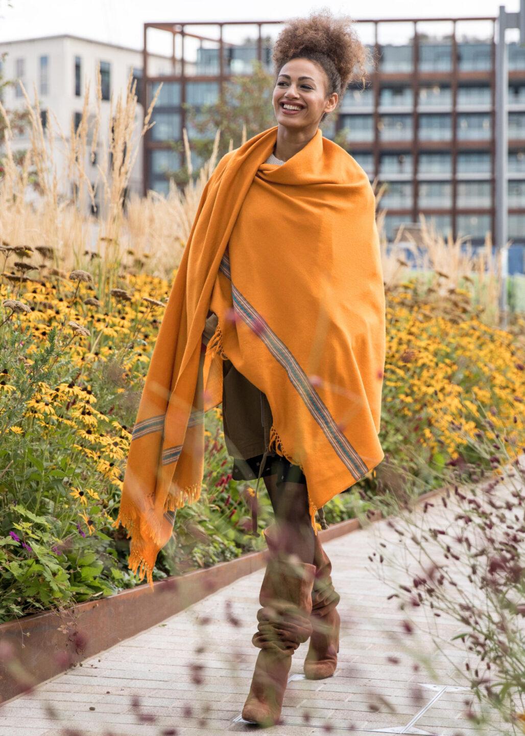 Ethically Handwoven Merino Wool Blanket Scarf in Mustard Yellow Mansi - likemary