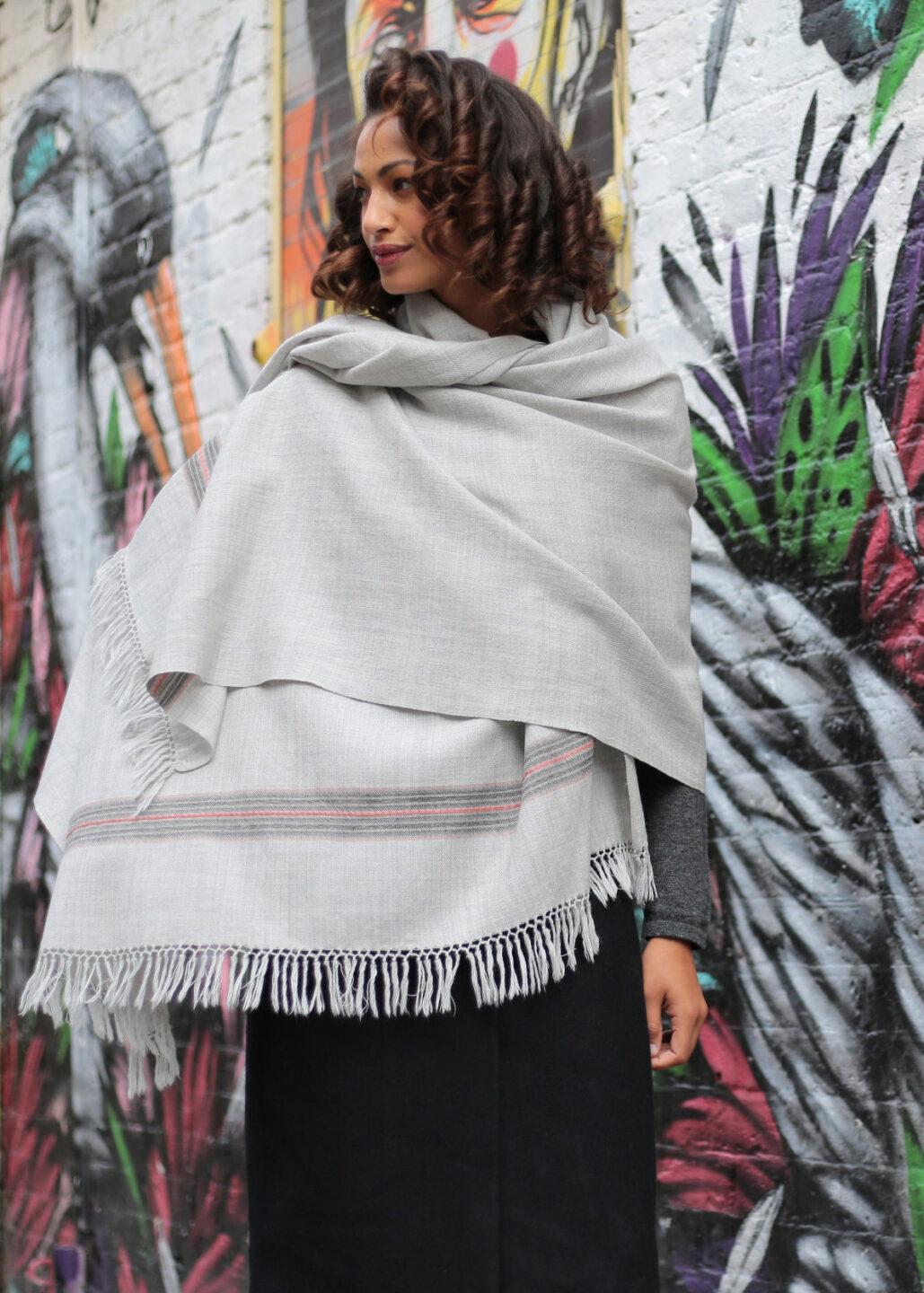 Ethically Handwoven Merino Wool Blanket Scarf in Stone Grey Mansi - likemary
