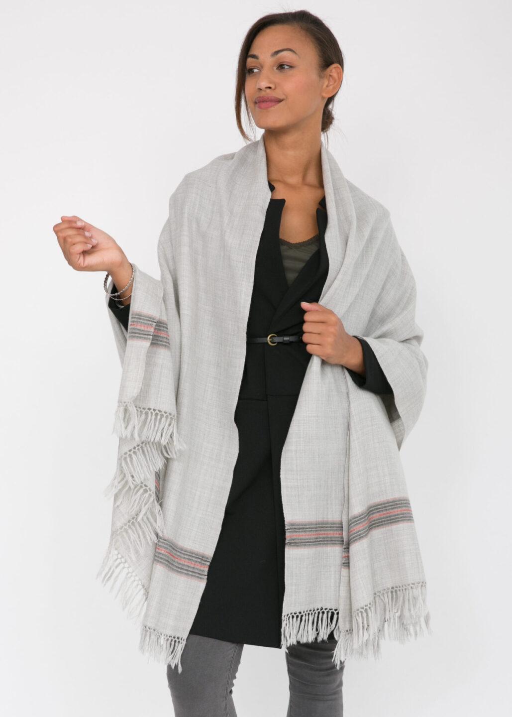 Ethically Handwoven Merino Wool Blanket Scarf in Stone Grey Mansi - likemary