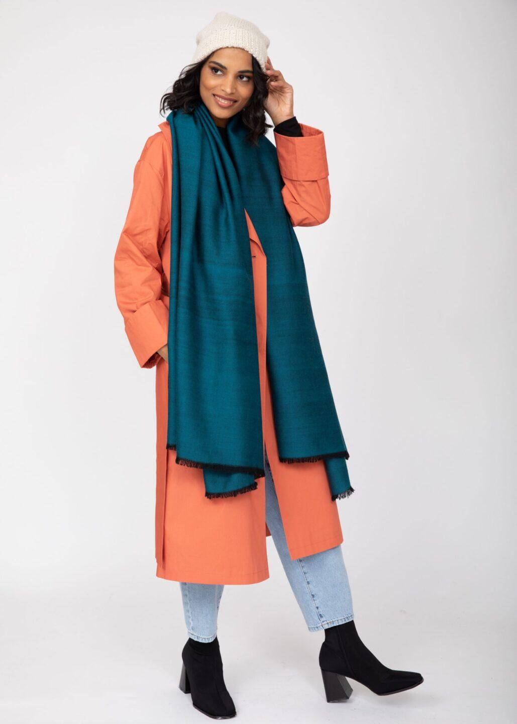 Ethically Handwoven Merino Wool Blanket Scarf in Teal Twill Mix - likemary
