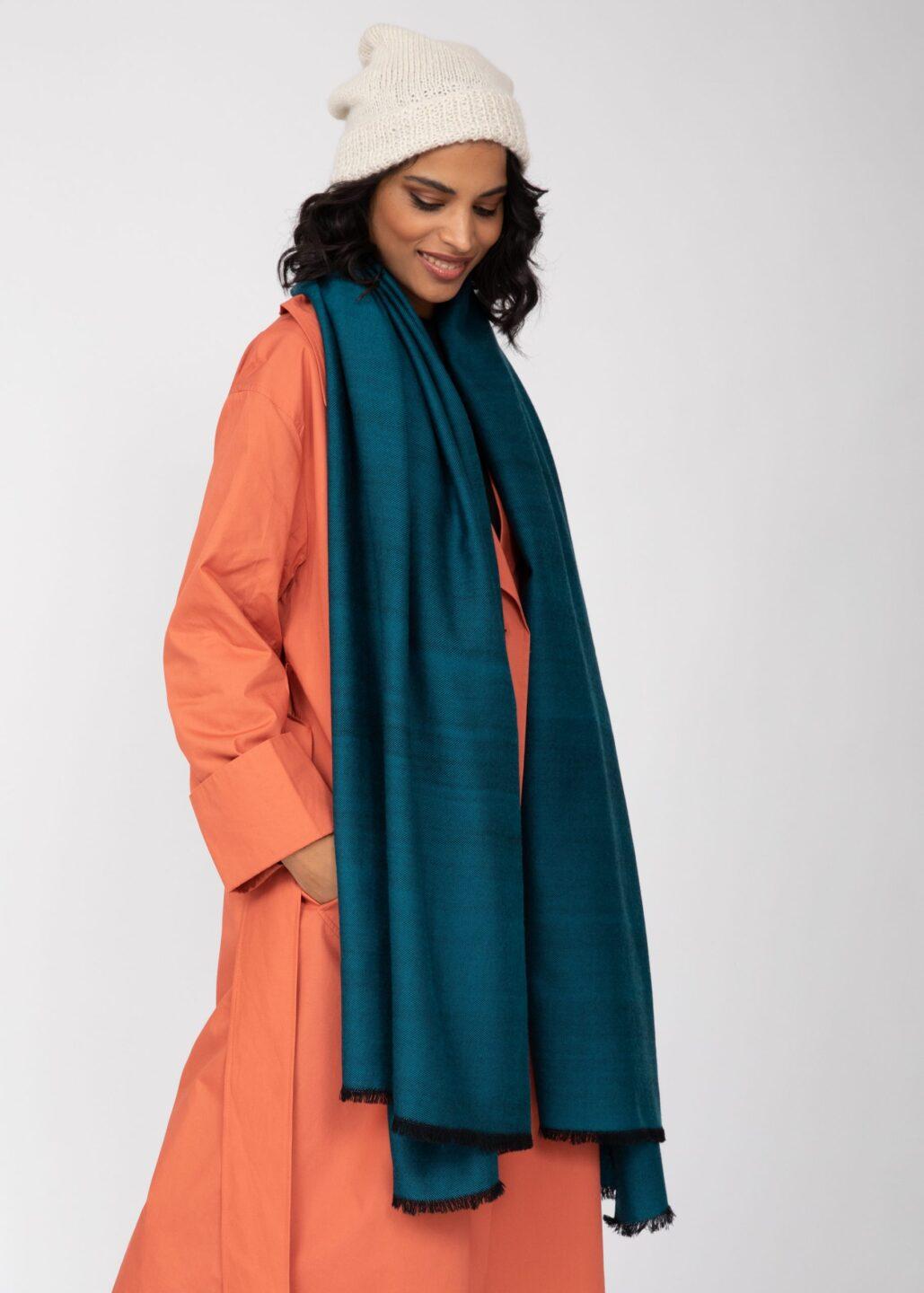 Ethically Handwoven Merino Wool Blanket Scarf in Teal Twill Mix - likemary