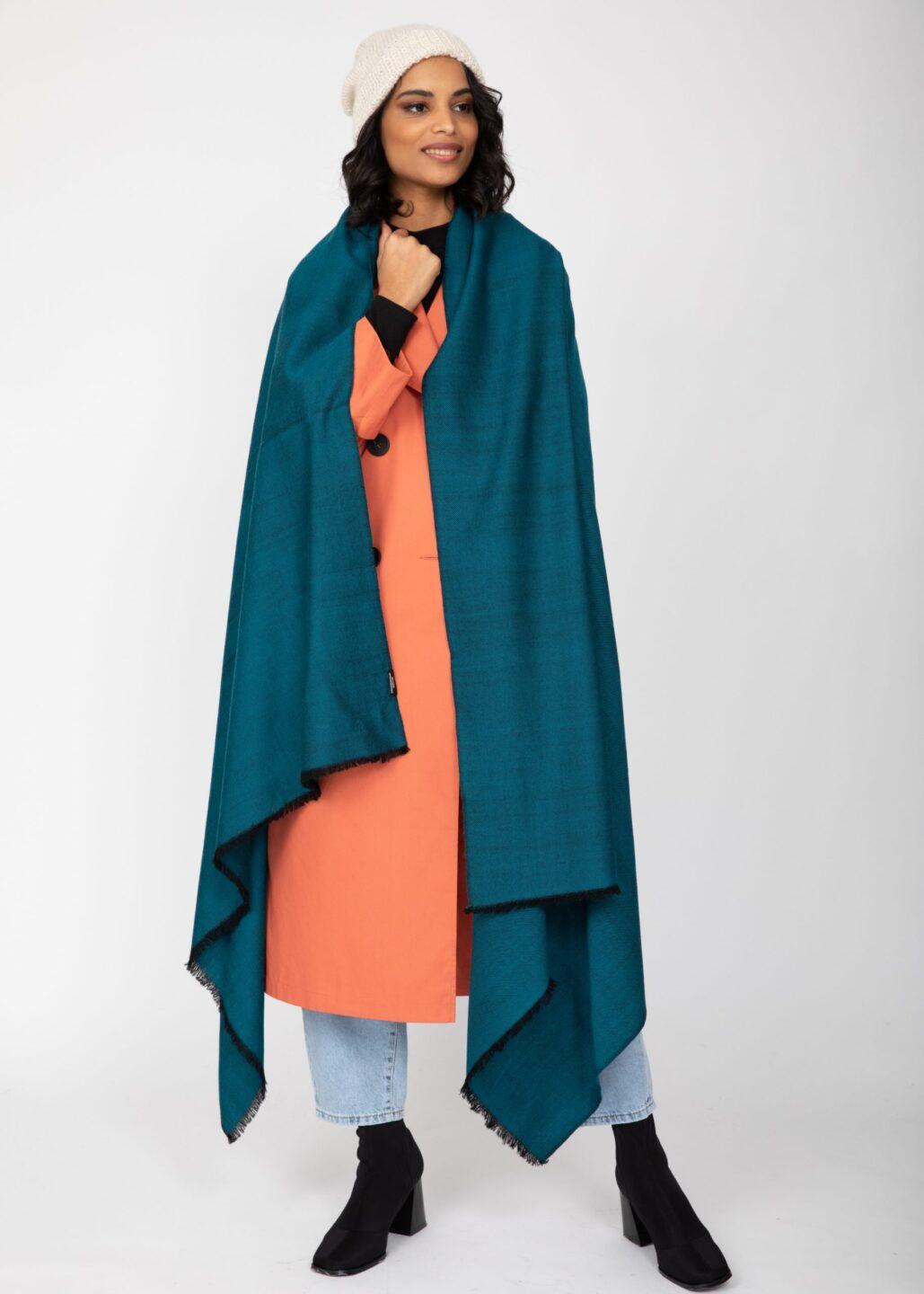 Ethically Handwoven Merino Wool Blanket Scarf in Teal Twill Mix - likemary