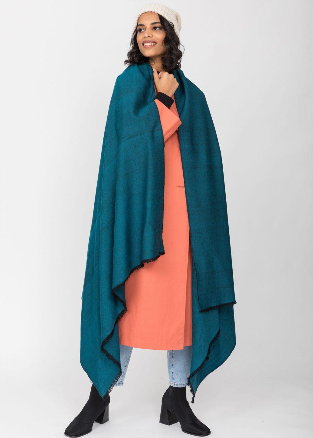 Ethically Handwoven Merino Wool Blanket Scarf in Teal Twill Mix - likemary