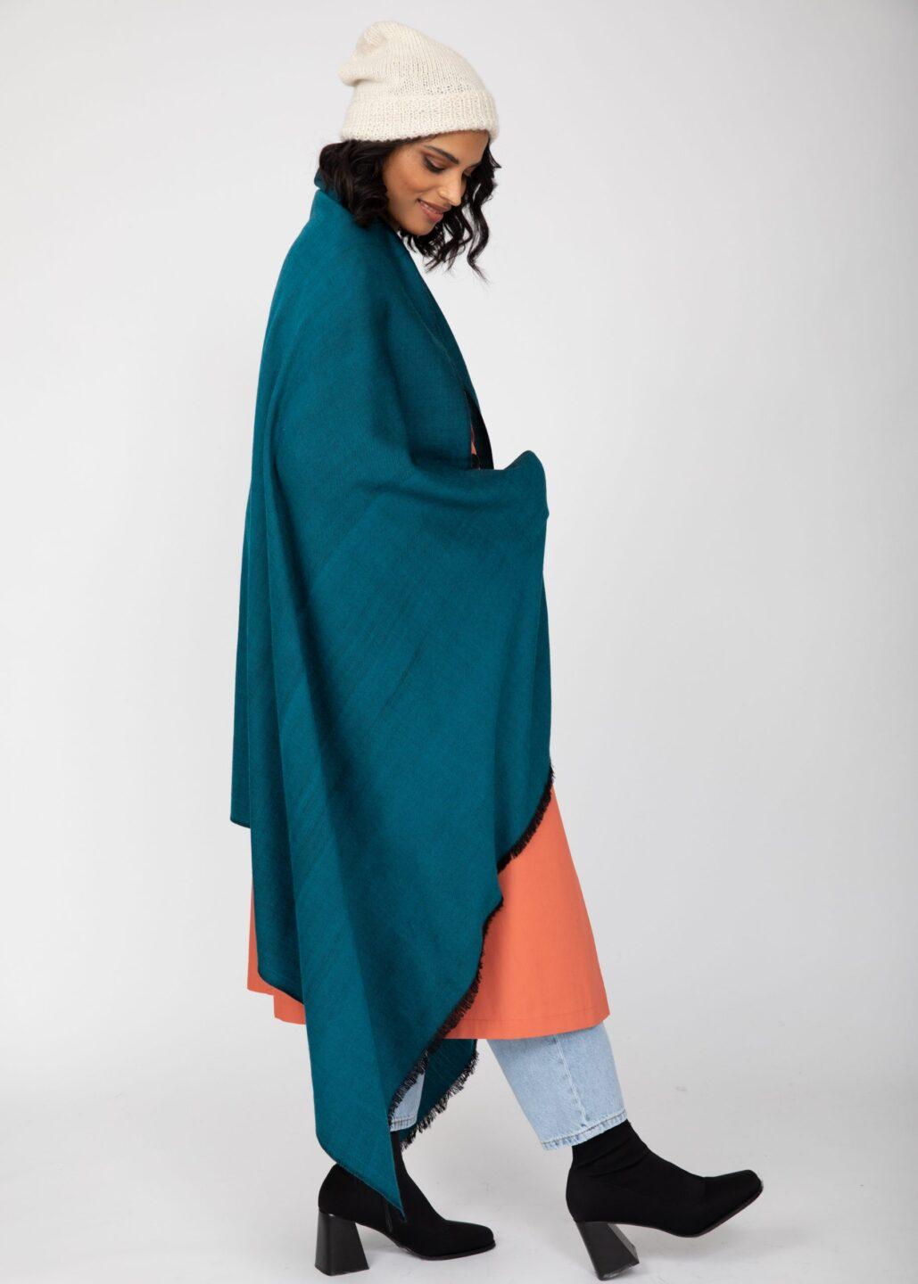 Ethically Handwoven Merino Wool Blanket Scarf in Teal Twill Mix - likemary