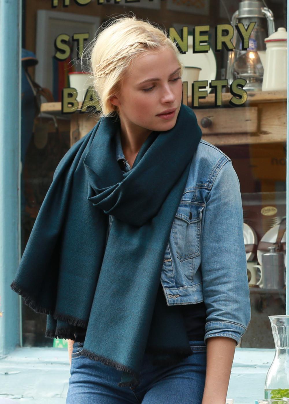 Ethically Handwoven Merino Wool Blanket Scarf in Teal Twill Mix - likemary